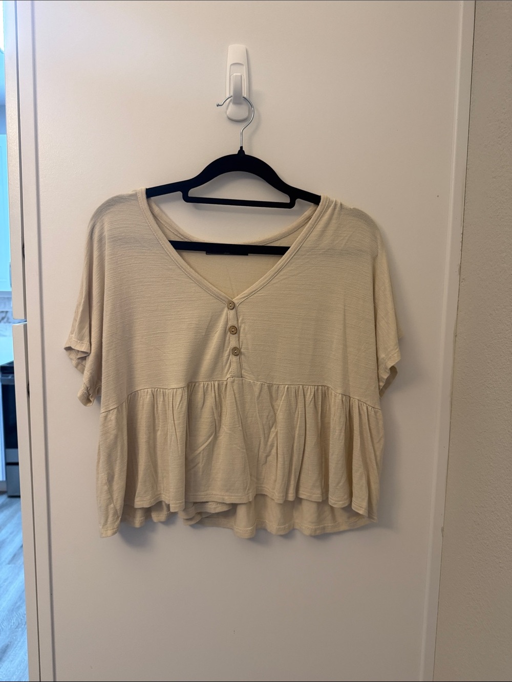 Women's Cream V-Neck Button Peplum Top